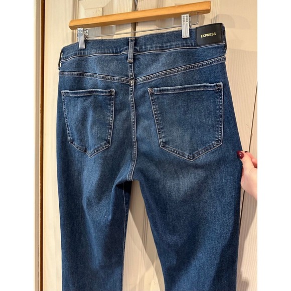 EXPRESS High Rise Flare Supersoft Ripped Knee Raw Hem Bell Bottom Stretch Jeans - Picture 10 of 11